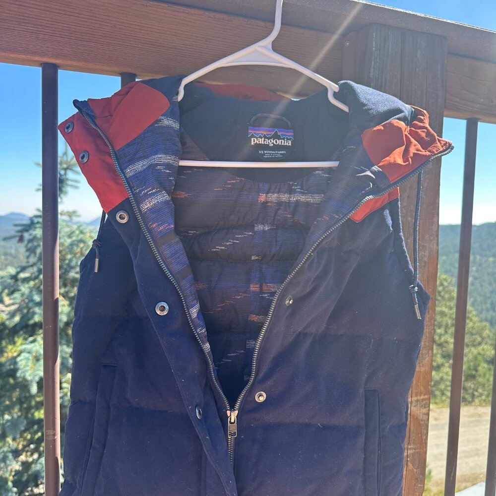 Patagonia Bivy Hooded Down Vest Orange Blue